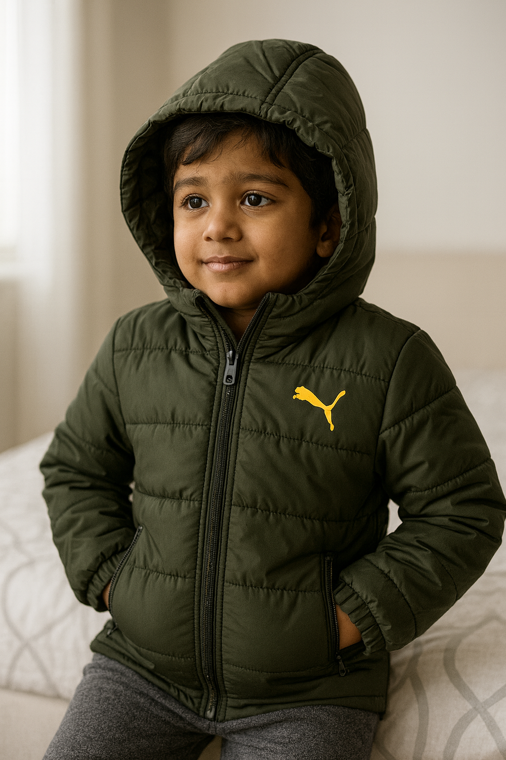 Winterwear-Highly Insulated Olive Green Winter Jacket for Kids