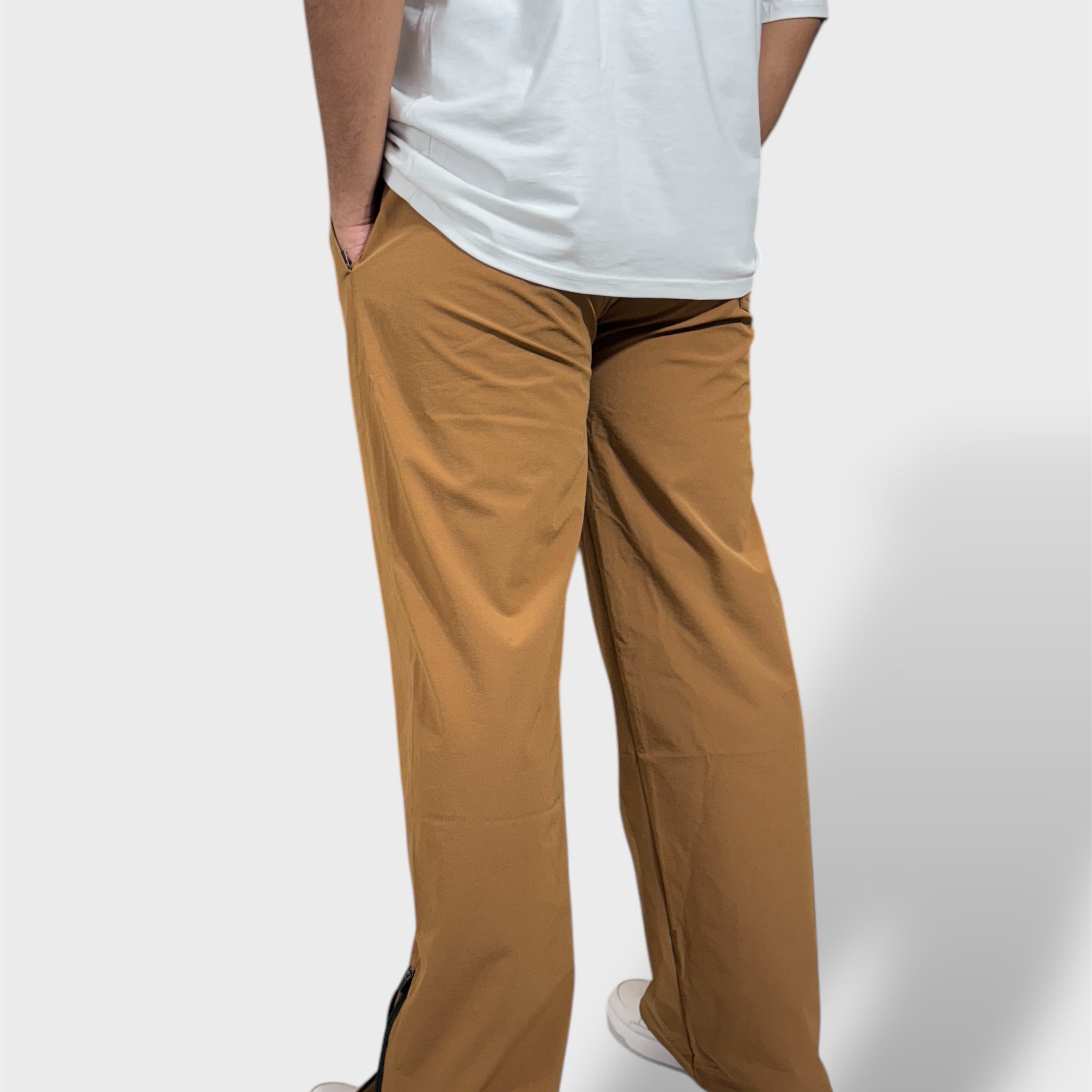 Baggy Fit Bell Bottom Zipper Camel Brown Cargo Pants For Men