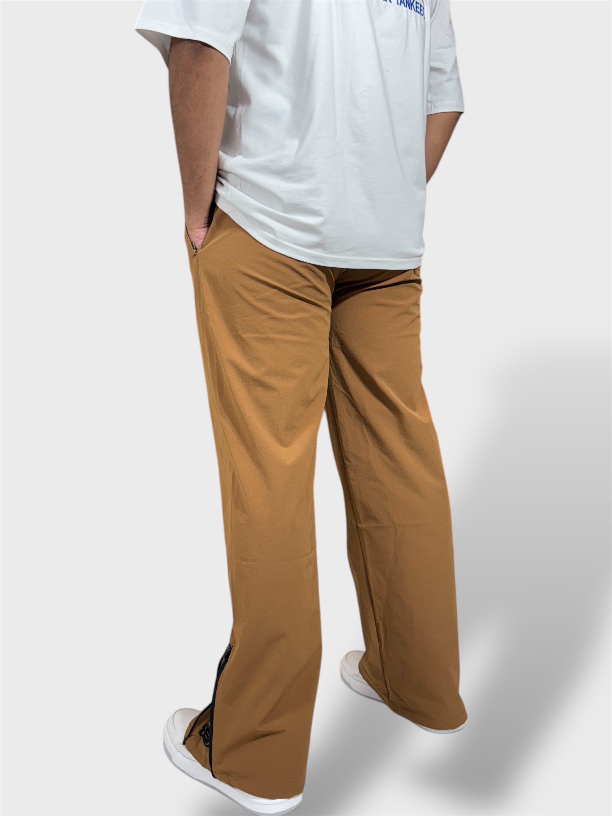Baggy Fit Bell Bottom Zipper Camel Brown Cargo Pants For Men