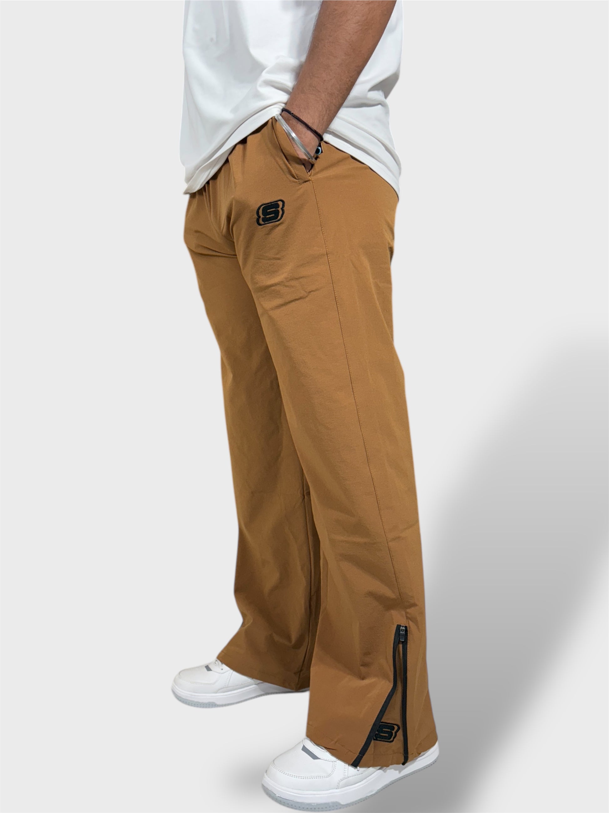 Baggy Fit Bell Bottom Zipper Camel Brown Cargo Pants For Men 