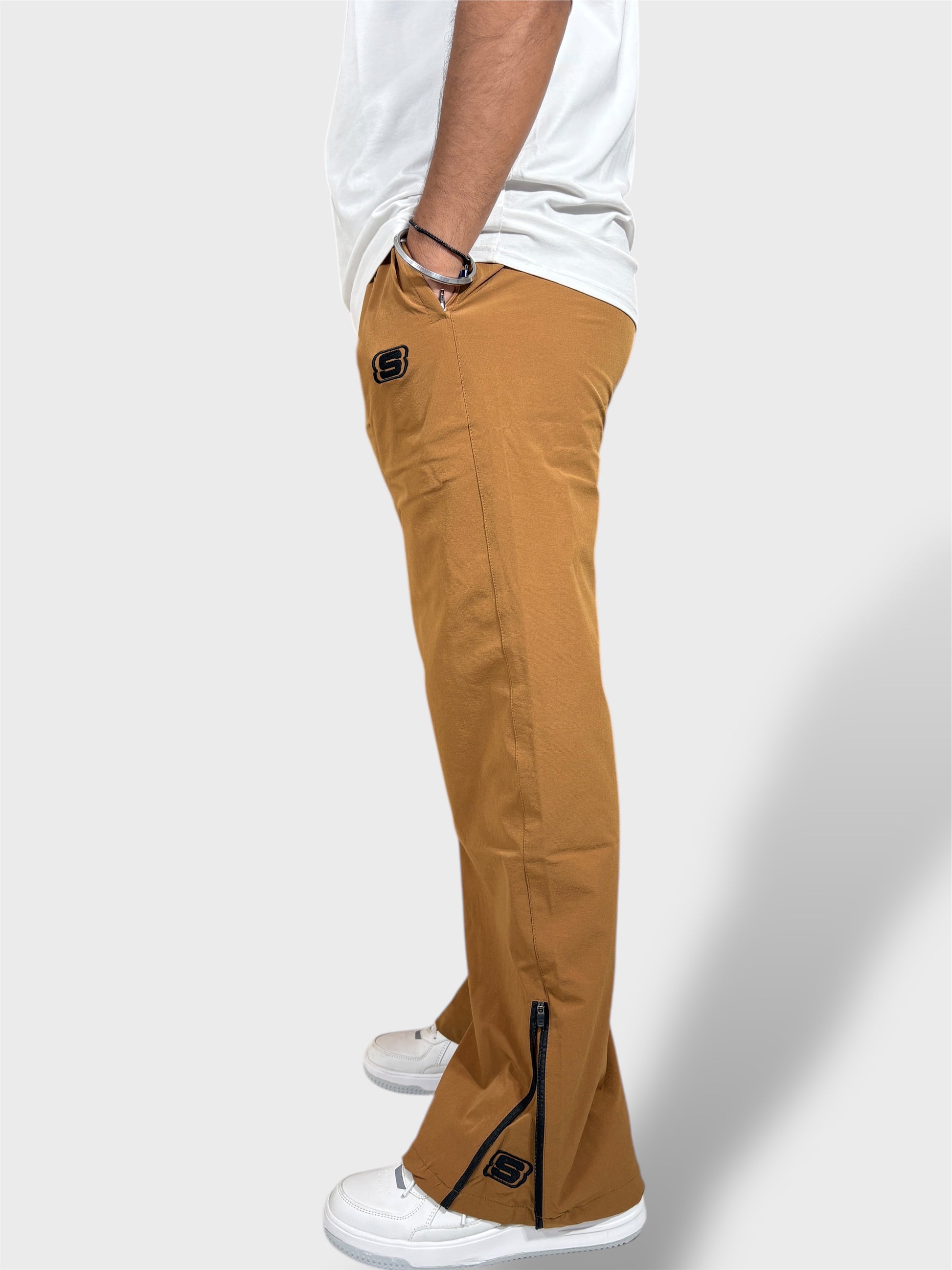 Baggy Fit Bell Bottom Zipper Camel Brown Cargo Pants For Men