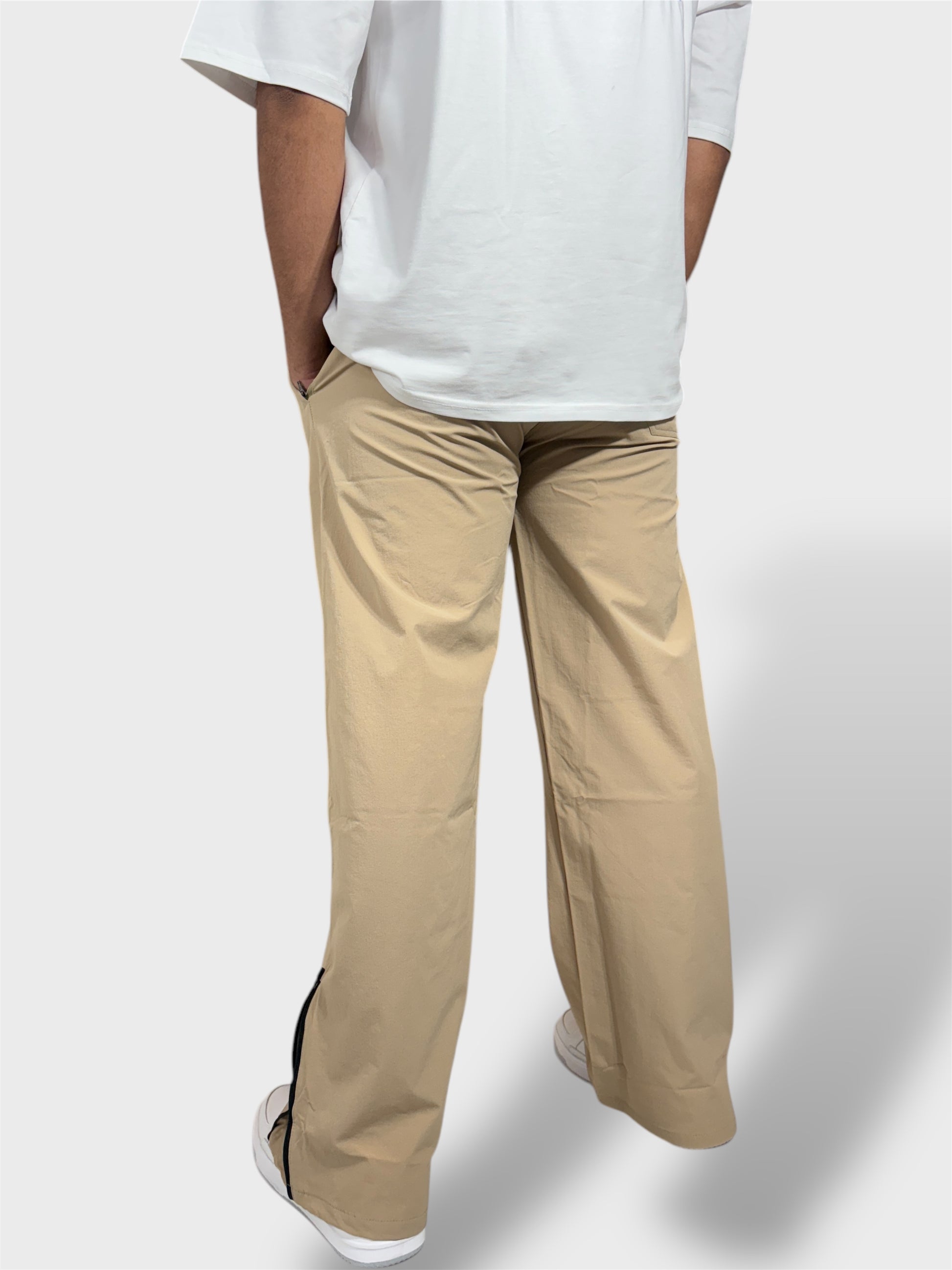 Baggy Fit Bell Bottom Zipper Cream Cargo Pants For Men