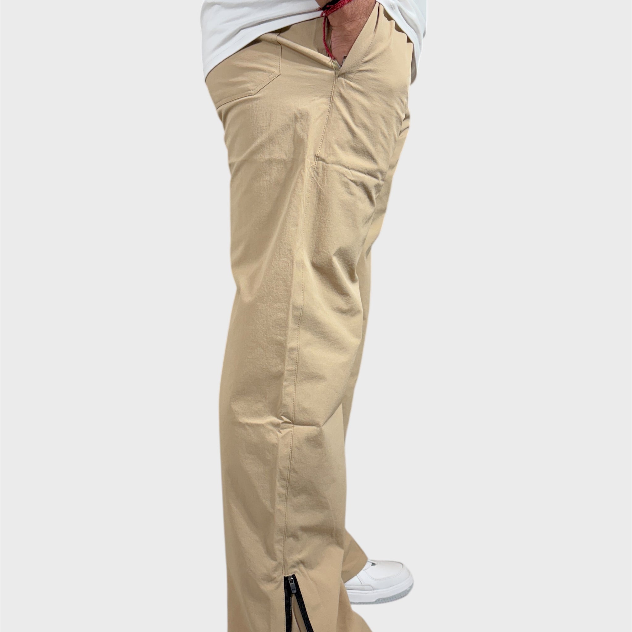 Baggy Fit Bell Bottom Zipper Cream Cargo Pants For Men