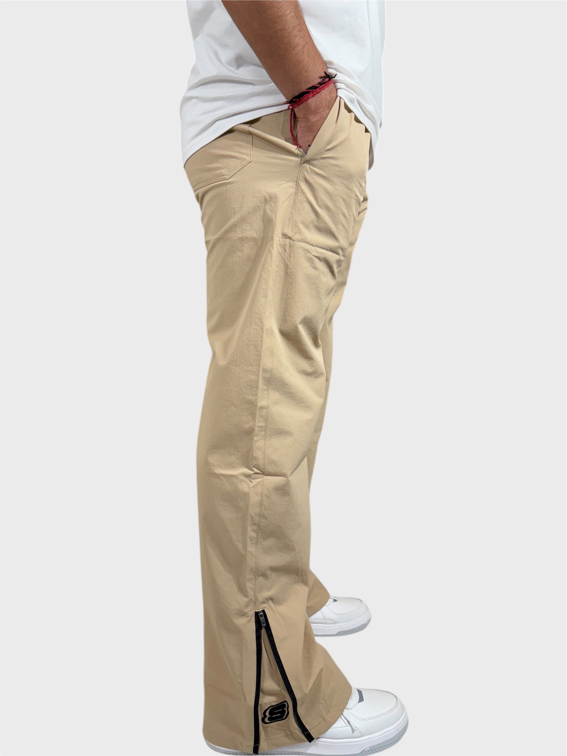 Baggy Fit Bell Bottom Zipper Cream Cargo Pants For Men