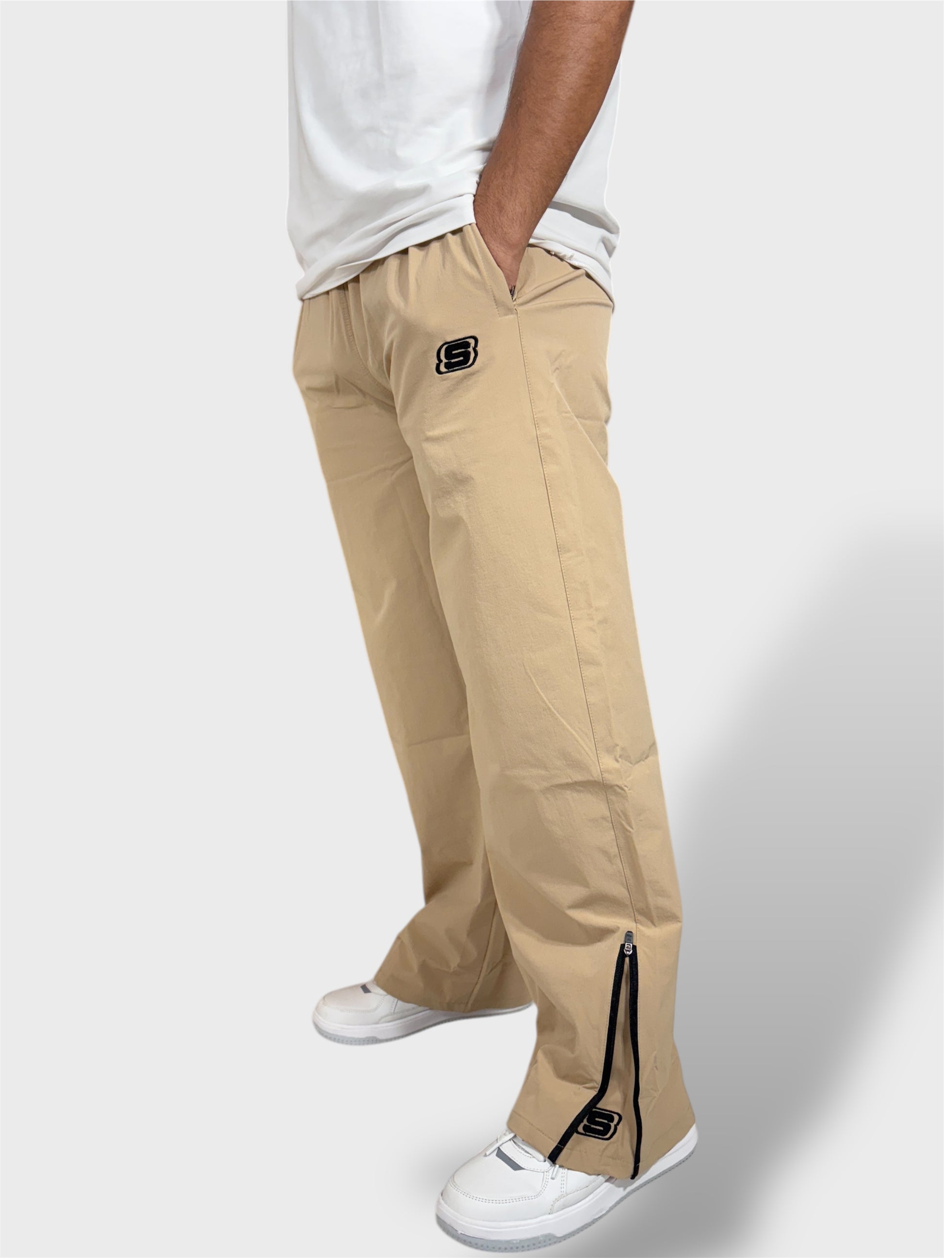 Baggy Fit Bell Bottom Zipper Cream Cargo Pants For Men