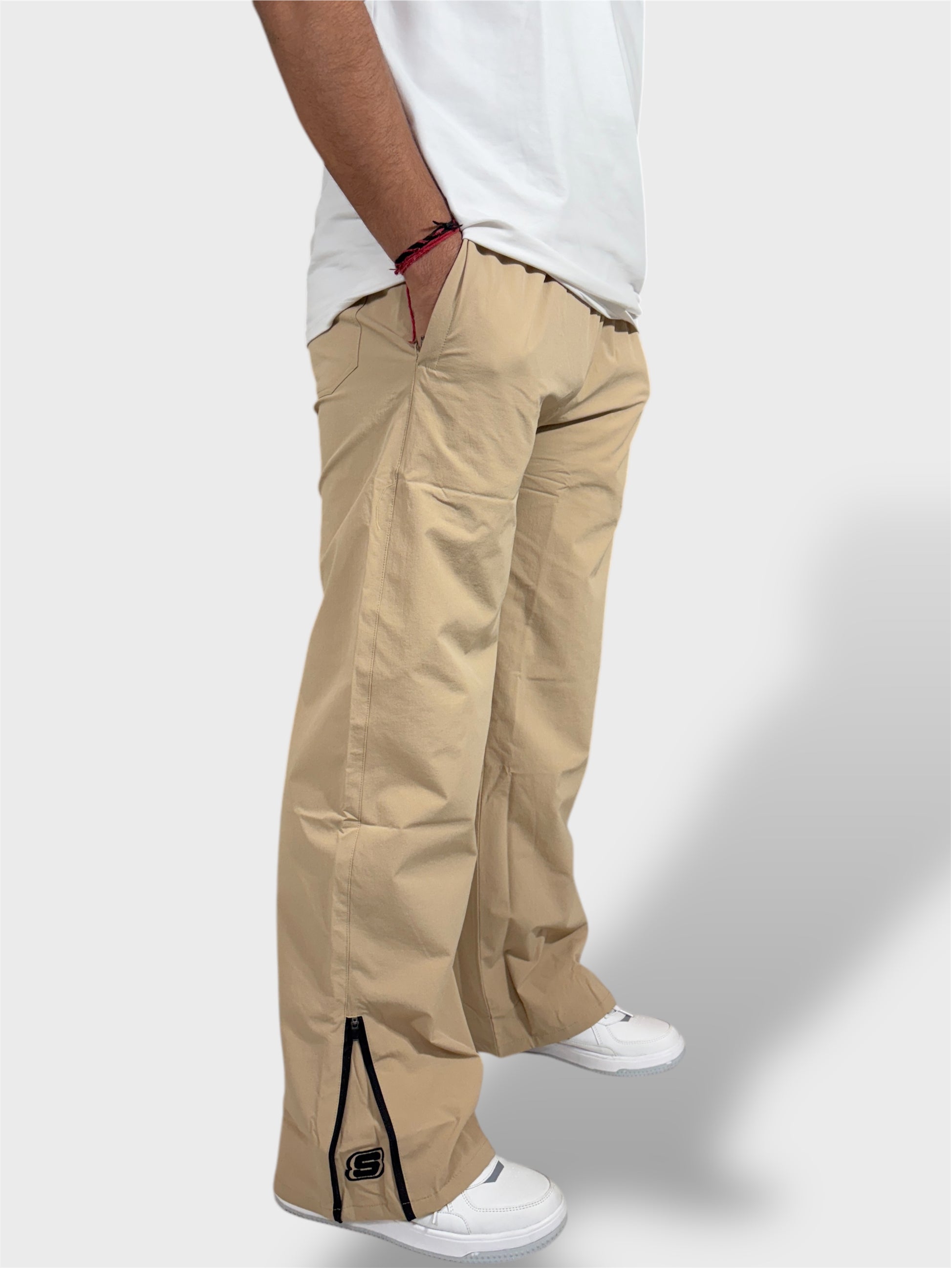 Baggy Fit Bell Bottom Zipper Cream Cargo Pants For Men