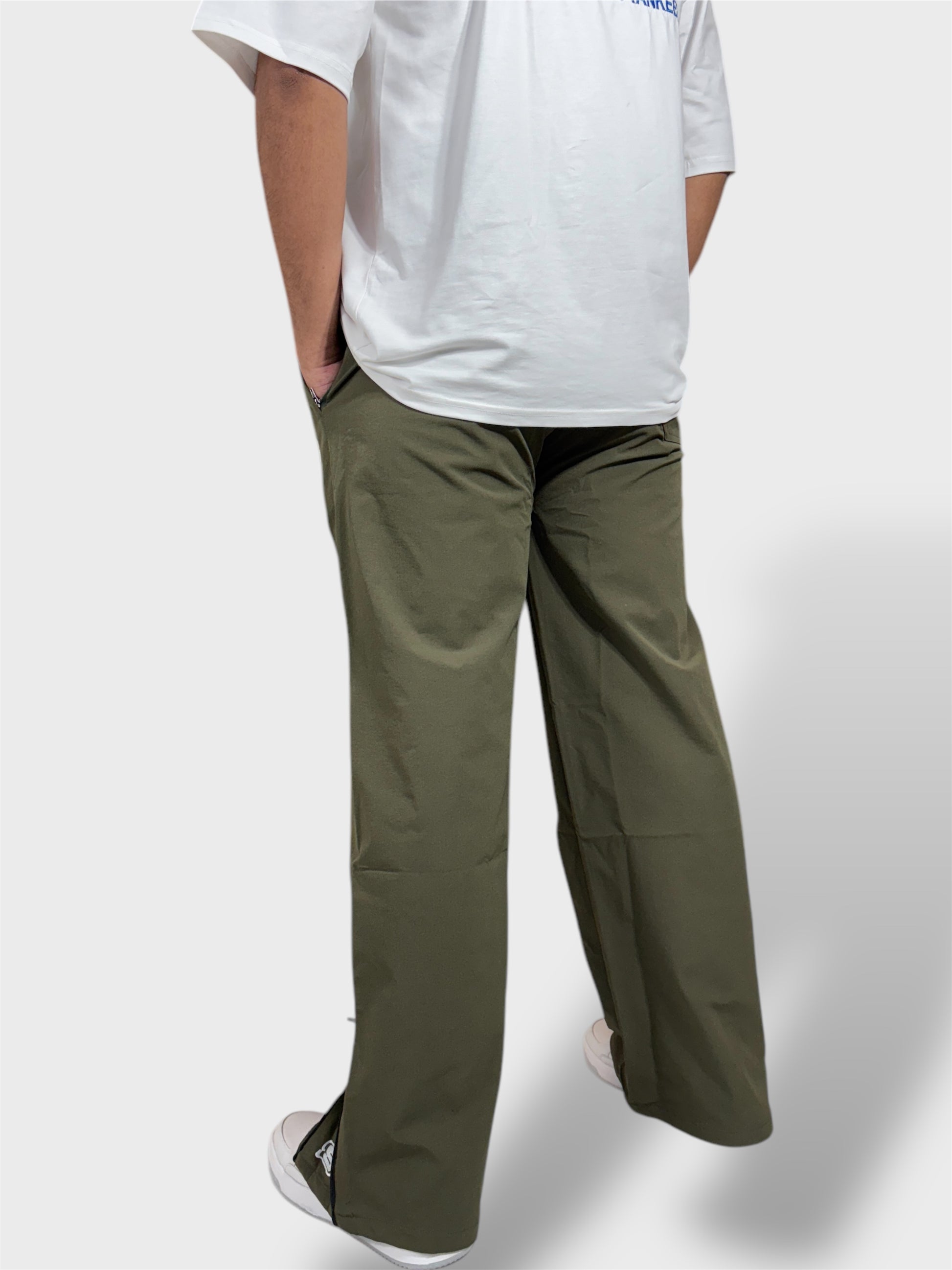 Baggy Fit Bell Bottom Zipper Olive Green  Cargo Pants For Men