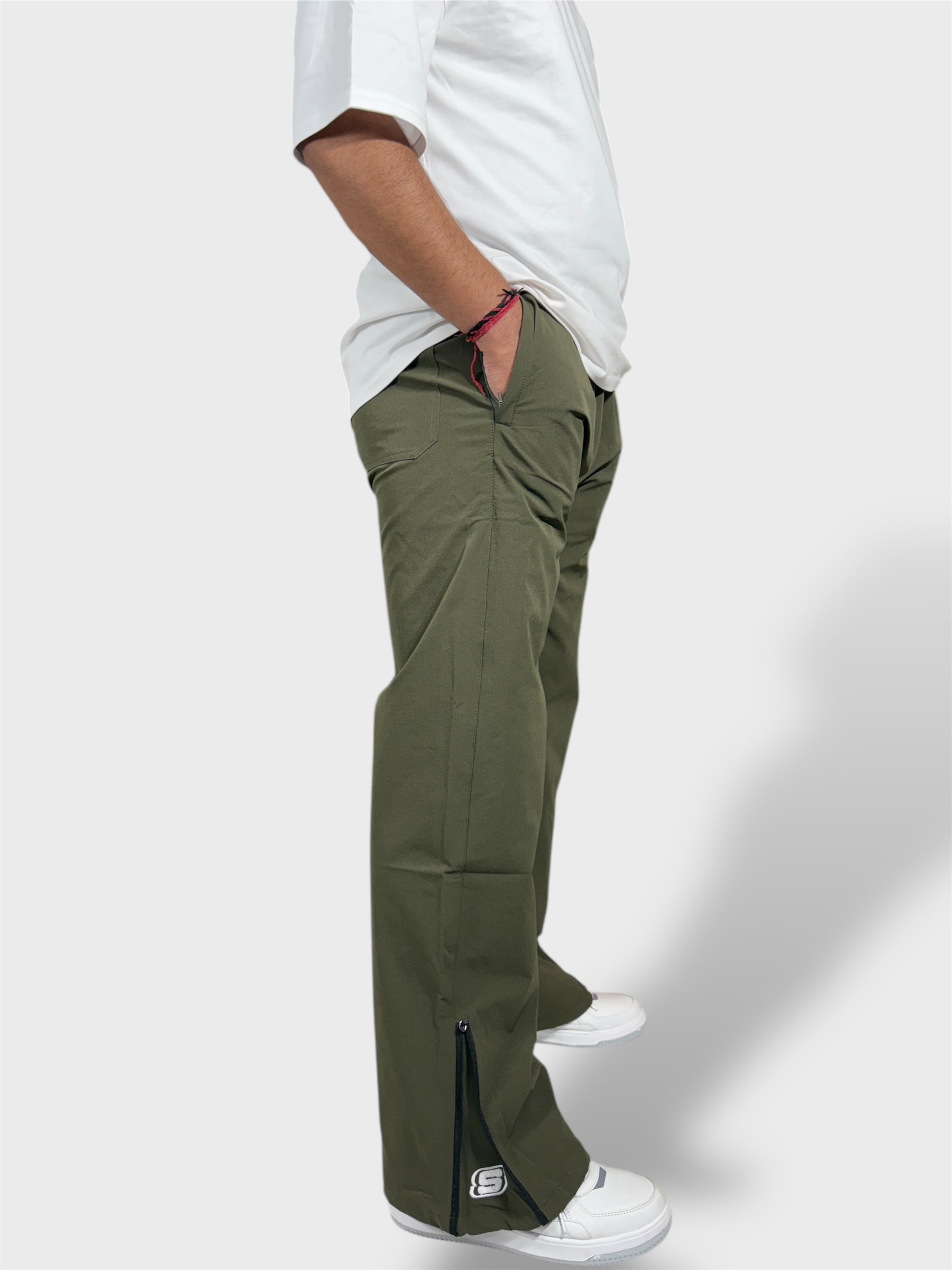 Bell Bottom Zipper Olive Green  Cargo Pants For Men 