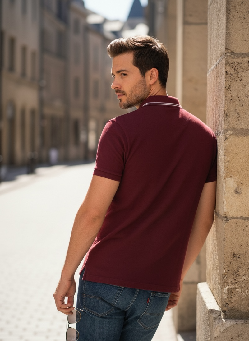 Man wearing a burgundy polo shirt and blue jeans leaning against a stone wall.
