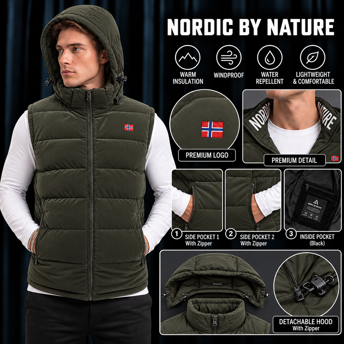 Premium Olive Green Men's Sleeveless Jacket