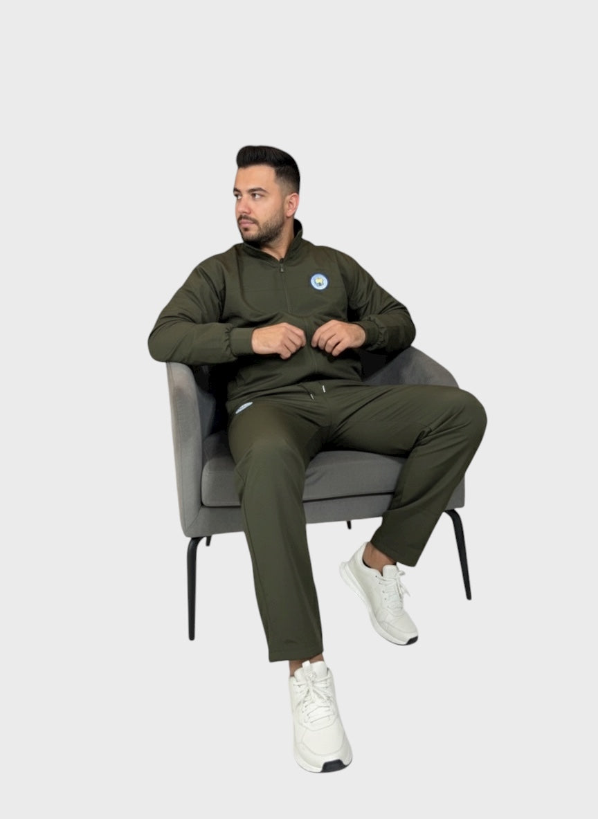 Olive Green Mock Collar Tracksuit for men-Full Set