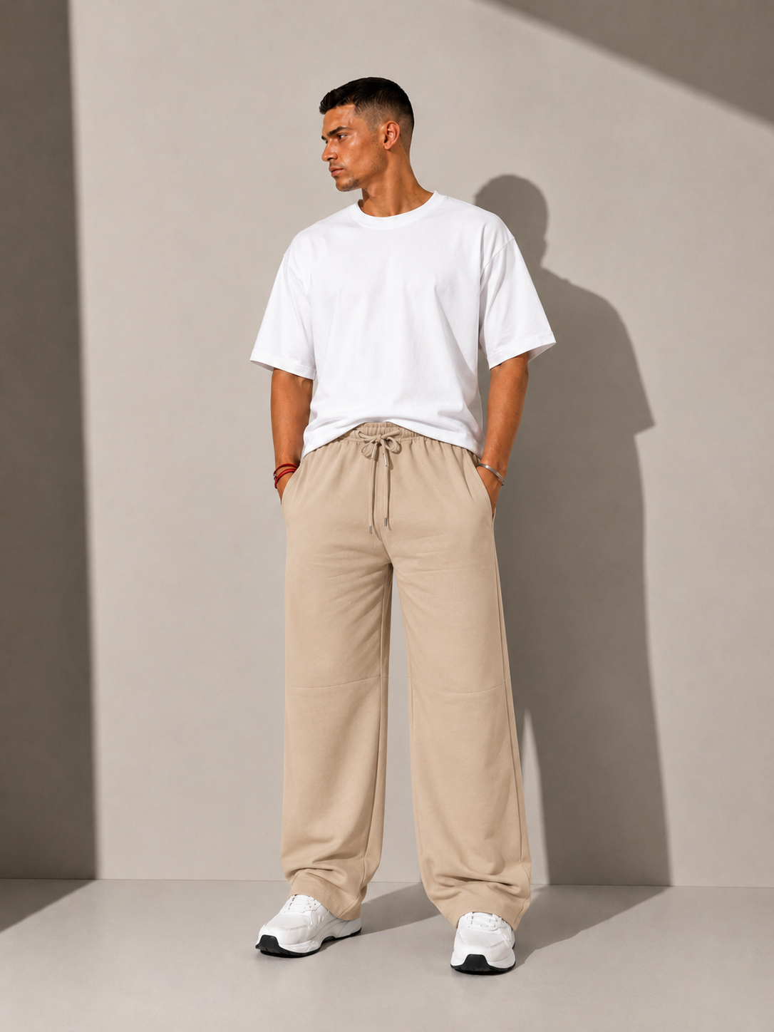 Unisex Beige Wide-Leg Track Pants