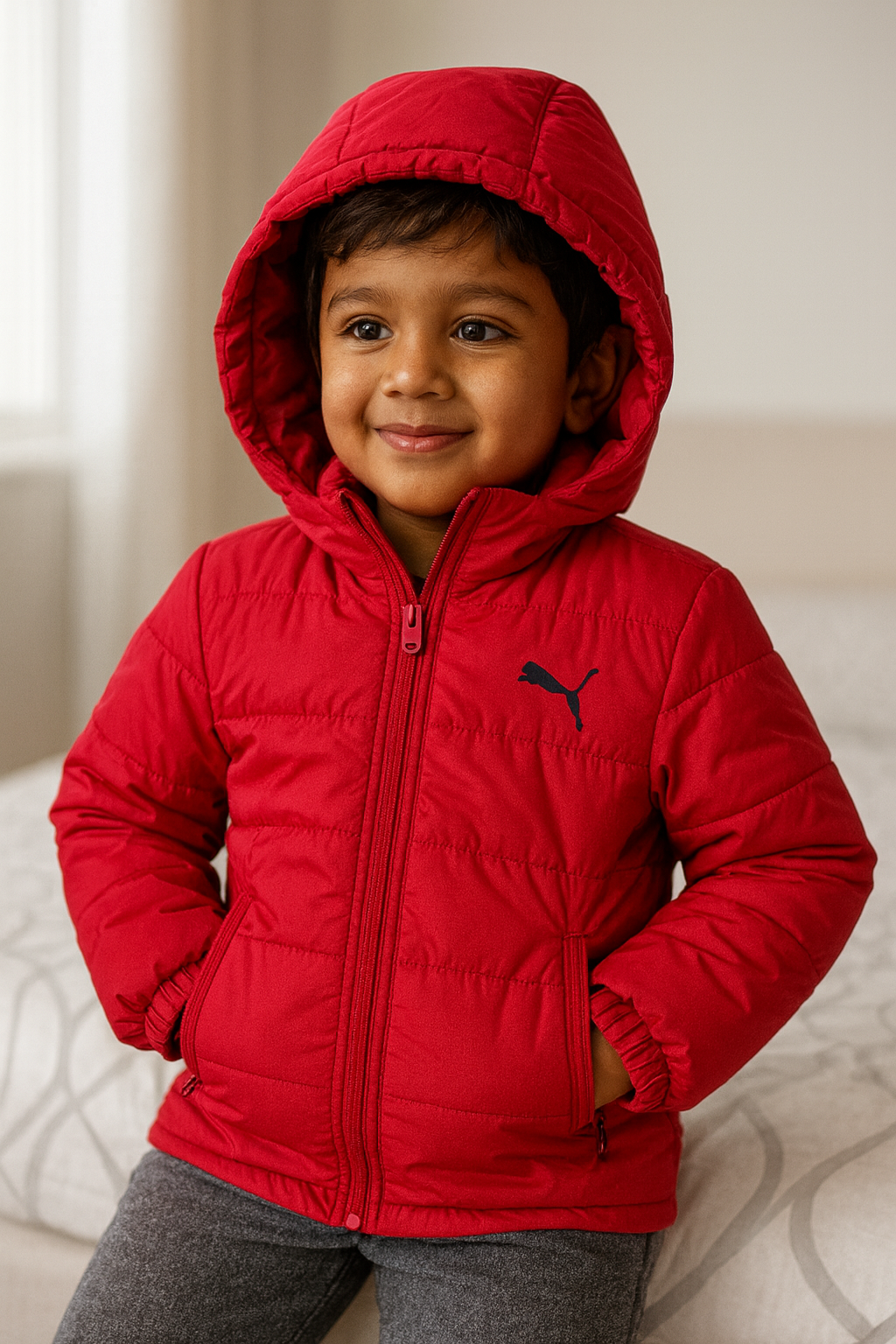 Winterwear-Highly Insulated Off-White Winter Jacket for Kids-Red